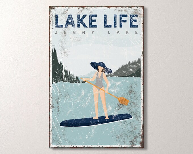 navy LAKE LIFE sign > personalized paddleboarding poster for vintage lake house decor, paddle board gift for her, Jenny Lake art {vpl}