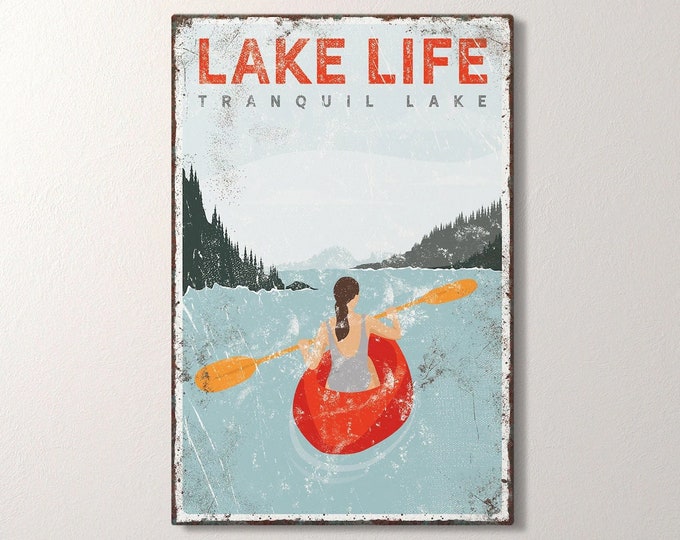 red LAKE LIFE sign > personalized kayaking poster for vintage lake house decor, kayak gift for her, custom wording Tranquil Lake art {vpl}