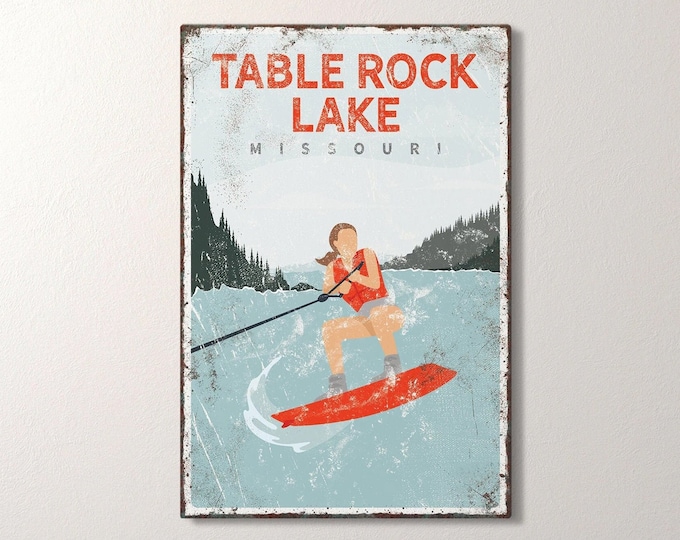 retro LAKE HOUSE decor canvas > personalized wakeboarding gift for her, vintage red wakeboard poster, outdoorsy lake house wall art {vpl}