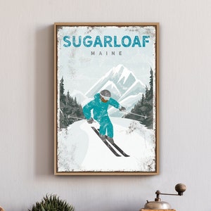 Vintage Ski Sugarloaf sign • Teal mountain poster art • Vintage Maine travel wall art canvas • Ski gift for husband • Skiing decor {vpw}