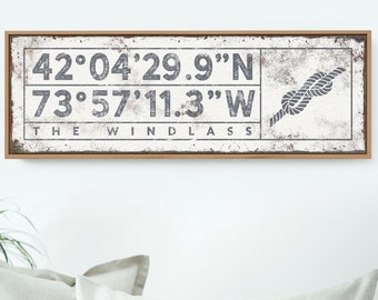 custom COORDINATES sign with infinity knot rope > personalized lake house decor wall art, gray canvas print with custom GPS location {sgw}