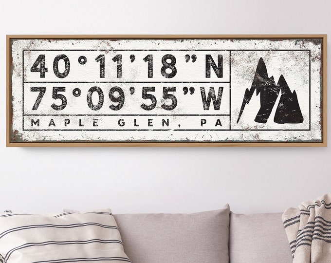 rustic COORDINATES sign with mountain > outdoorsy print with latitude & longitude, personalized GPS location wall art for cabin decor {sgw}