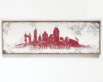 CINCINNATI SKYLINE sign >  vintage red and white print, extra large wall art, custom Ohio canvas