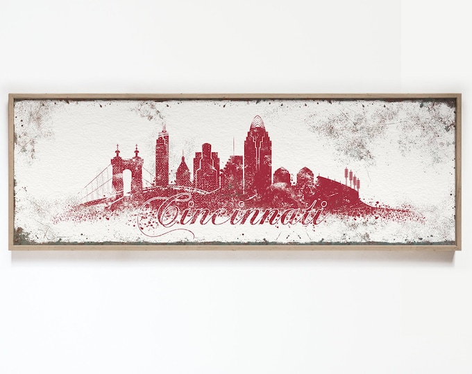 CINCINNATI SKYLINE sign >  vintage red and white print, extra large wall art, custom Ohio canvas