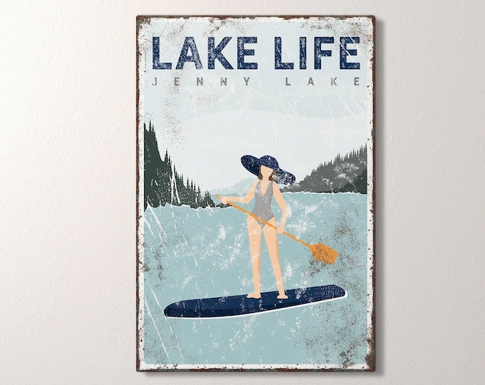 navy LAKE LIFE sign > personalized paddleboarding poster for vintage lake house decor, paddle board gift for her, Jenny Lake art {vpl}