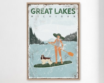 custom paddleboard sign • cocker spaniel mom gift • woman boating with dog • SUP Great Lakes Michigan poster • green lake house decor {vpl}