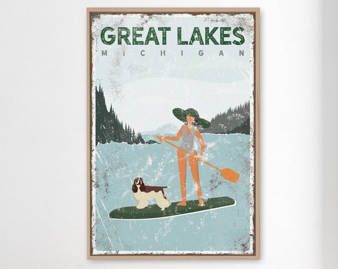 custom paddleboard sign • cocker spaniel mom gift • woman boating with dog • SUP Great Lakes Michigan poster • green lake house decor {vpl}