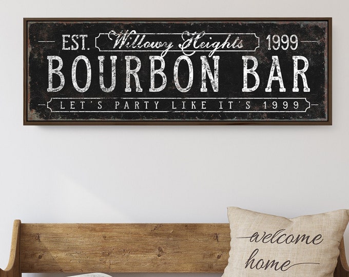 personalized BOURBON BAR sign • retro black farmhouse decor • home bar cart wall art gift • faux vintage metal print canvas {svb}