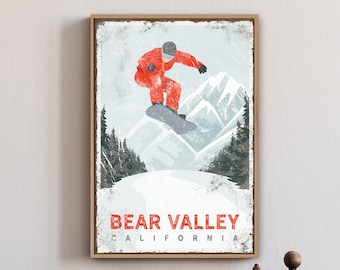 vintage snowboard sign canvas > snowboarding poster for CALIFORNIA ski house decor, BEAR VALLEY wall art (or custom mountain) {vph}