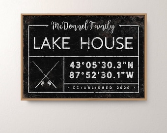 custom LAKEHOUSE sign > personalized fishing canvas with family name, coordinates and year established, vintage lake house decor {gdb}