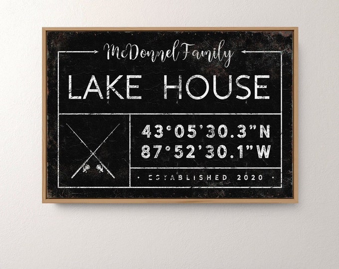 custom LAKEHOUSE sign > personalized fishing canvas with family name, coordinates and year established, vintage lake house decor {gdb}