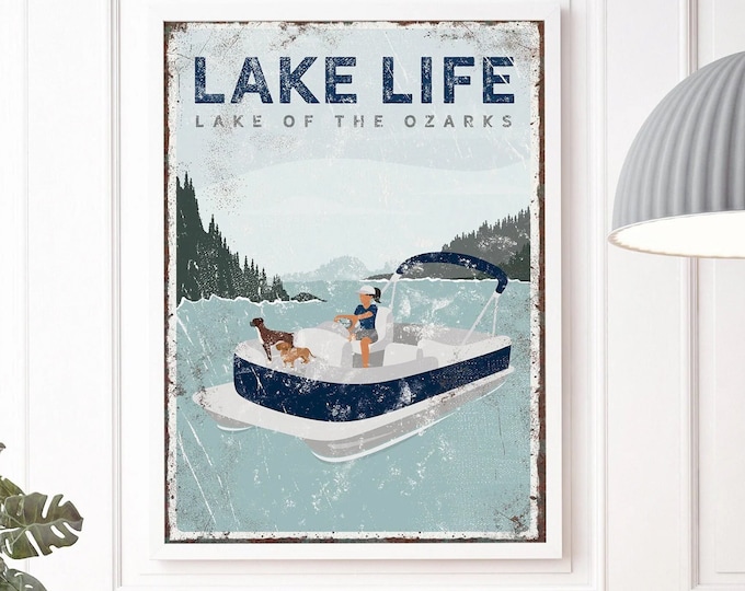 personalized pontoon boat sign • LAKE LIFE Lake of the Ozarks print with dogs, dachshund, boxer • navy blue lake house decor gift {vpl}
