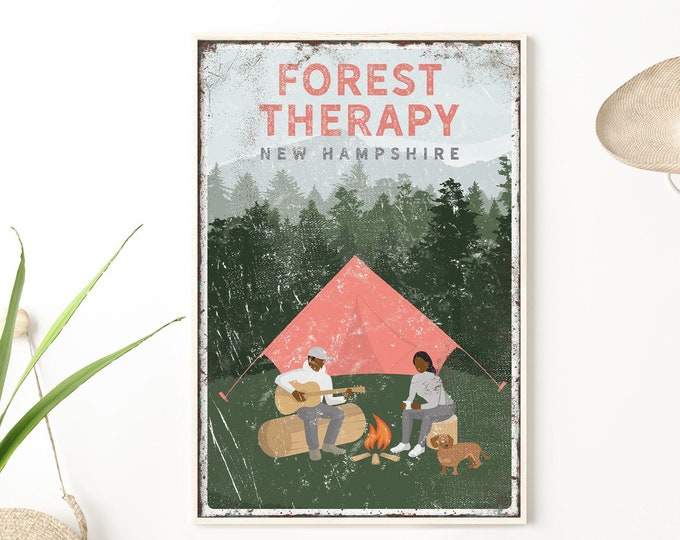 personalized vintage CAMPING POSTER with dogs, couple camping by the fire with Dachshund, custom text, Forest Therapy in sample shown {vpt}