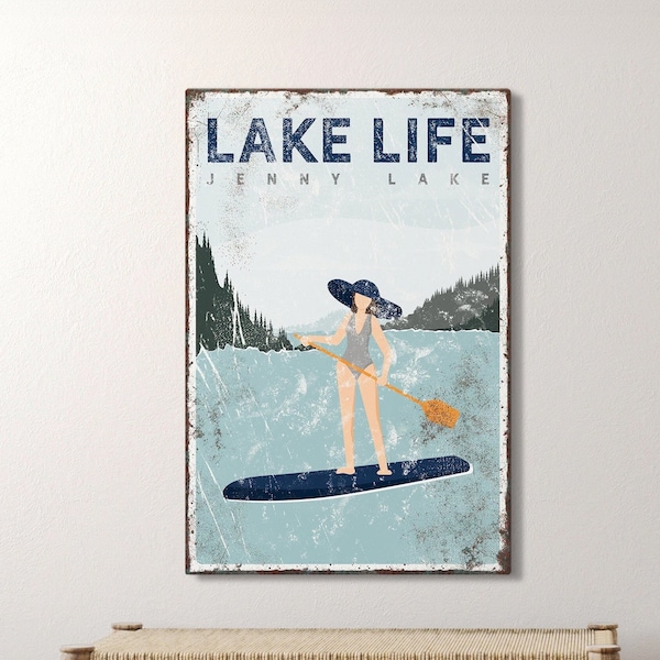 marineblaues LAKE LIFE-Schild > personalisiertes Paddleboard-Poster für Vintage-Seehaus-Dekoration, Paddle-Board-Geschenk für sie, Jenny Lake-Kunst {vpl}