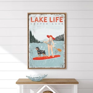 vintage LAKE LIFE sign • custom lake house wall art • SUP woman on paddleboard with Rottweiler dog poster • red Crater Lake art {vpl}
