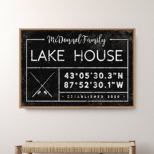 custom LAKEHOUSE sign &gt; personalized fishing canvas with family name, coordinates and year established, vintage lake house decor {gdb}