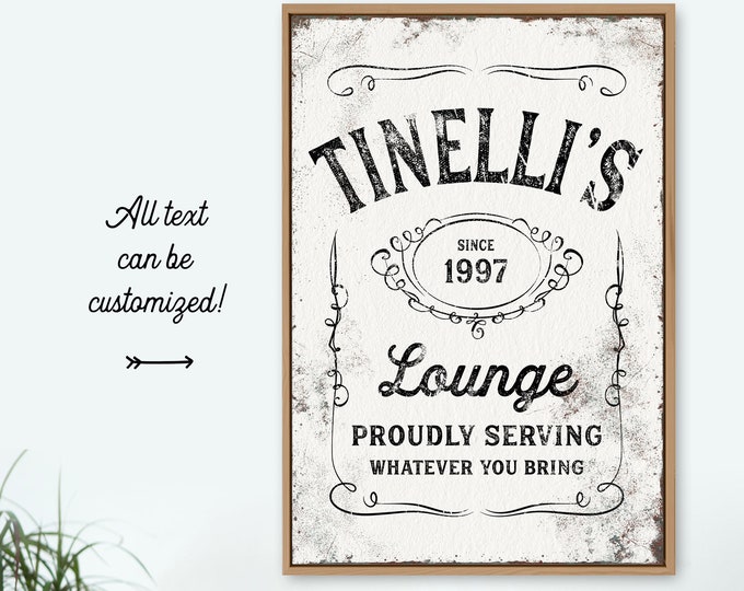 funny BAR SIGN canvas > rustic white  lounge sign for farmhouse decor, vintage whiskey label wall art, personalized framed art print