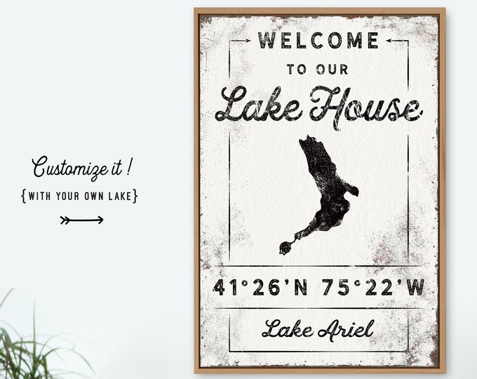 personalized LAKE HOUSE sign > custom boho print with coordinates, rustic farmhouse canvas wall art for Lake Ariel lakehouse decor {lgw}