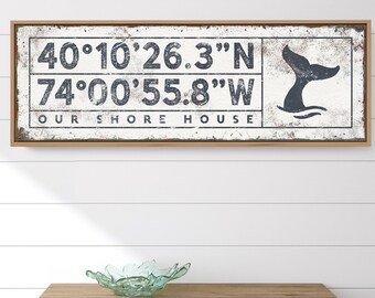 nautical COORDINATES sign with whale tail > personalized beach house decor wall art, beachy canvas art print with custom GPS location {sgw}