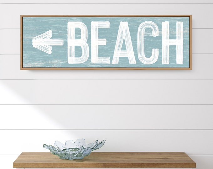 Vintage BEACH HOUSE decor > light blue beach arrow sign, coastal wall art, faux weathered wood canvas sign for above couch {pwo}