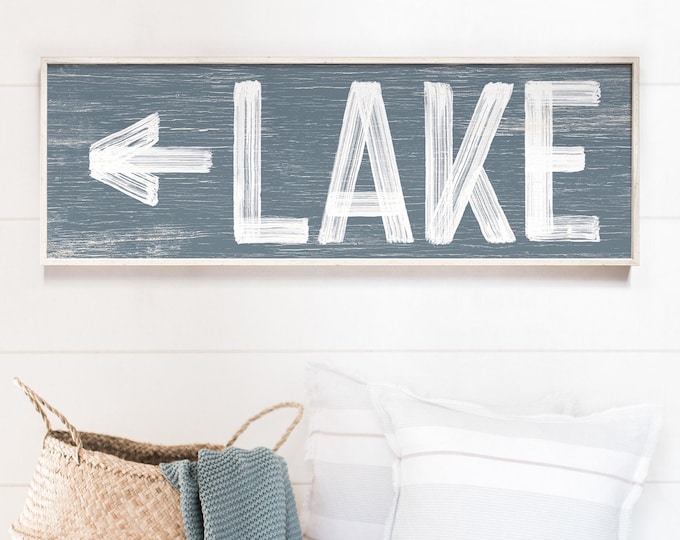 Dusty blue LAKE sign with arrow > Choose right/left arrow, faux weathered wood print on lightweight canvas, vintage lake house decor {pwo}