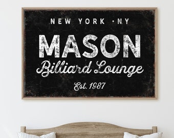 black BILLIARD LOUNGE sign > custom family name wall art for vintage pool rec room decor • large framed canvas art print for farmhouse {nvb}