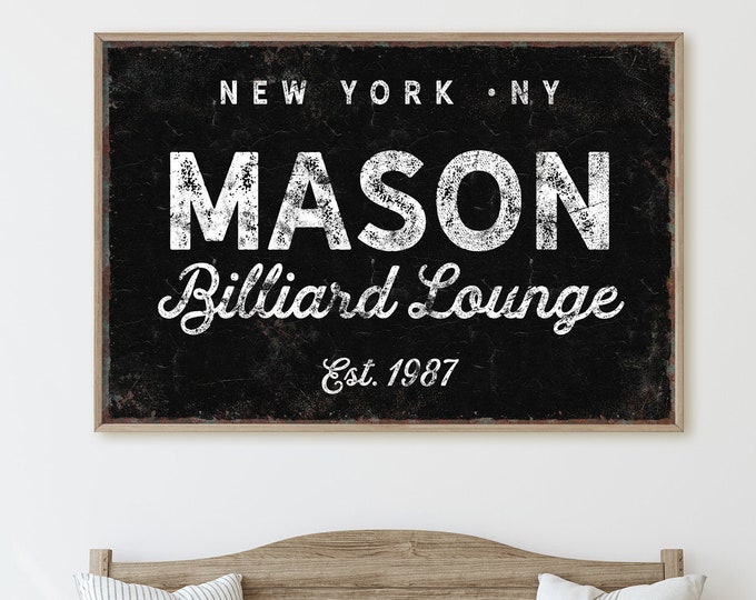 black BILLIARD LOUNGE sign > custom family name wall art for vintage pool rec room decor • large framed canvas art print for farmhouse {nvb}