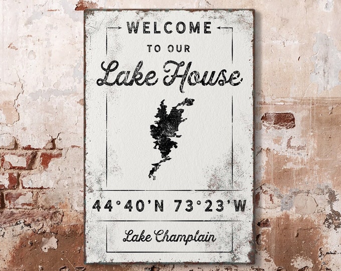 custom LAKEHOUSE decor > personalized rustic sign with coordinates, boho farmhouse canvas wall art for lake house  (shown: Lake Champlain)