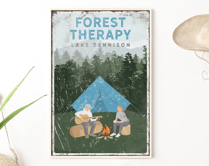 personalized CAMPING wall art, custom FOREST THERAPY sign, couple camping by campfire poster, vintage Lake Dennison canvas print {vpt}