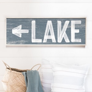 Dusty blue LAKE sign with arrow > Choose right/left arrow, faux weathered wood print on lightweight canvas, vintage lake house decor {pwo}