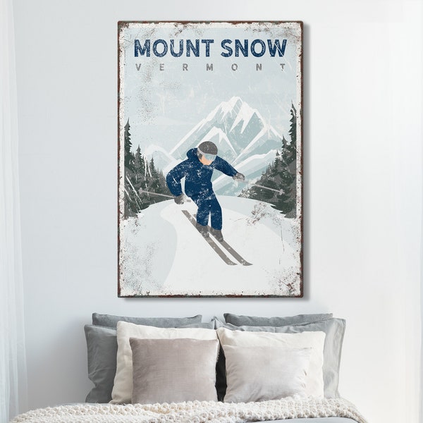 retro ski sign canvas > distressed vintage skiing mountain poster art, custom ski house decor (personalized for MOUNT SNOW, Vermont) {vpw}