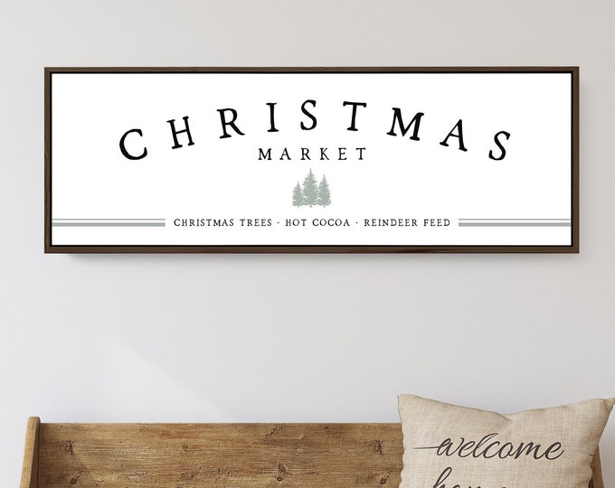 vintage CHRISTMAS MARKET sign > black and white holiday decor, sage green accent, large framed canvas art print for farmhouse decor {xms}