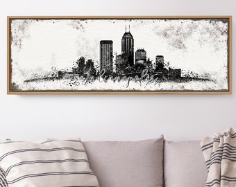 INDIANAPOLIS SKYLINE sign > black and white wall art for modern farmhouse decor, extra large art print, custom framed canvas