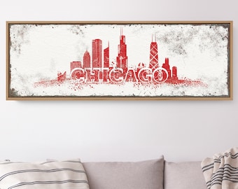 vintage CHICAGO SKYLINE sign, long skinny chicago city skyline canvas print, modern farmhouse decor, extra large custom skyline wall art