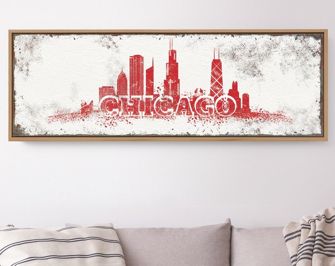 vintage CHICAGO SKYLINE sign, long skinny chicago city skyline canvas print, modern farmhouse decor, extra large custom skyline wall art