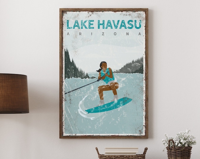 teal LAKE HAVASU poster, personalized retro wake boarding art, outdoorsy gift for her, vintage wakeboard sign, farmhouse lake art {vpl}