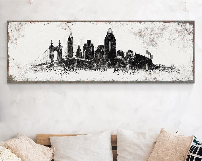 CINCINNATI SKYLINE sign > black and white art print for vintage decor, extra large vintage wall art, custom Ohio canvas