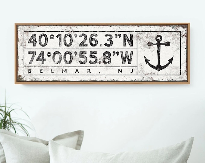 custom COORDINATES sign with anchor > nautical art print with latitude & longitude, personalized GPS location art, lake house decor {sgw}