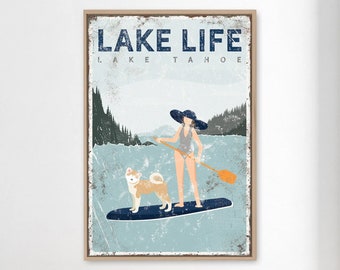 personalized paddleboard sign • woman paddleboarding with akita dog • SUP Lake Tahoe LAKE LIFE sign • navy blue lake house decor gift {vpl}