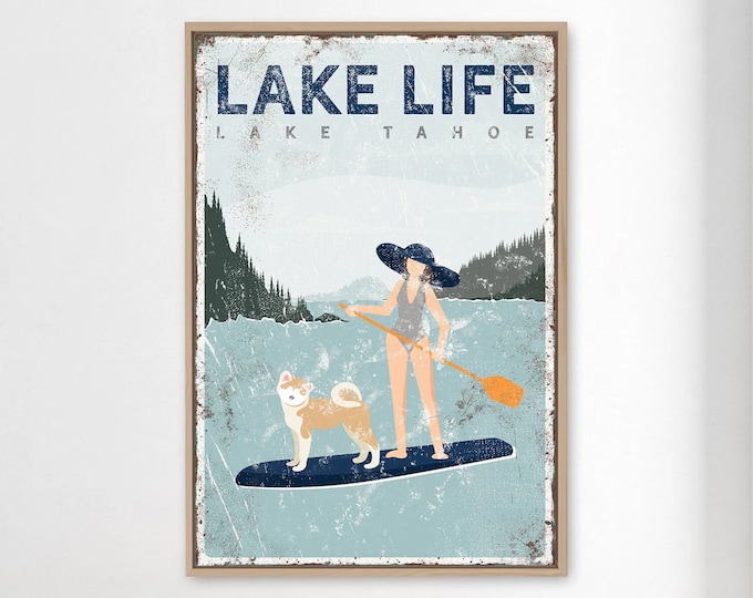 personalized paddleboard sign • woman paddleboarding with akita dog • SUP Lake Tahoe LAKE LIFE sign • navy blue lake house decor gift {vpl}