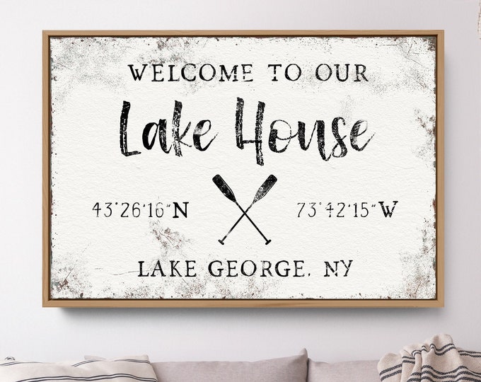 vintage LAKE HOUSE sign > modern latitude & longitude canvas, boating oars art print, aged white farmhouse decor with GPS coordinates {vow}