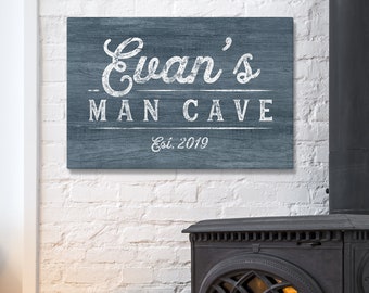 personalized MAN CAVE sign > Dusty blue custom name canvas • Modern farmhouse wall decor • Rustic faux wood sign • Year established print