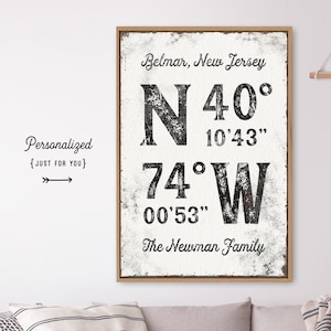 custom COORDINATES sign > personalized last name canvas, black and white wall art for modern farmhouse decor, rustic GPS print {gpw}