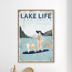 personalized paddleboard sign • woman paddleboarding with akita dog • SUP Lake Tahoe LAKE LIFE sign • navy blue lake house decor gift {vpl}