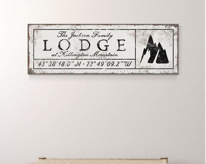 mountain LODGE sign with latitude & longitude > faux rusty white metal farmhouse decor, ski mountain wall art for above couch {sew}