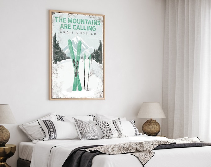 VIntage Ski Poster, The MOUNTAINS ARE CALLING Sign, Retro Mint Green Ski Mountain Wall Art, Personalized Ski Gift for Her {vpw}