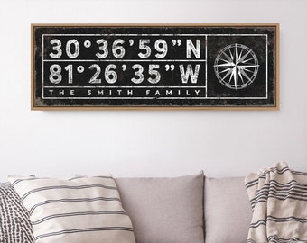 personalized LAKE HOUSE decor > vintage black coordinates sign with compass rose, large latitude & longitude canvas {sgb}