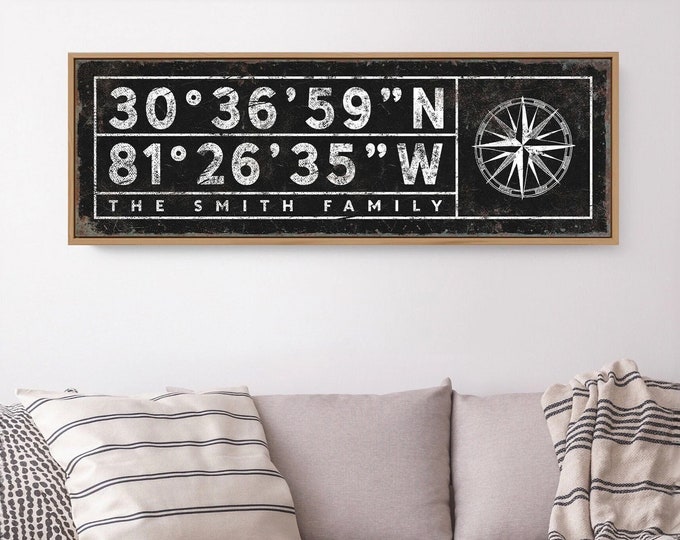 personalized LAKE HOUSE decor > vintage black coordinates sign with compass rose, large latitude & longitude canvas {sgb}