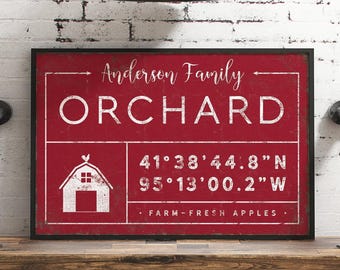 Anderson Family Sign, Personalized Name Coordinates, Barn Red Orchard Art, New Home Gift