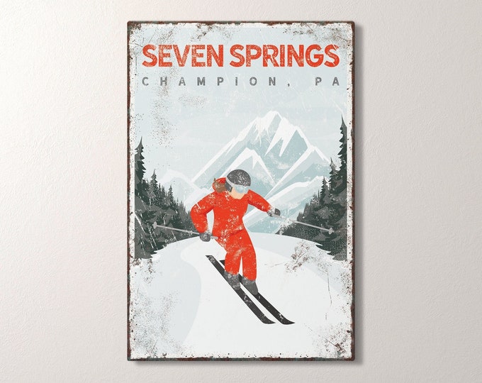 Vintage ski house decor canvas • Personalized skiing wall art for ski lodge • Custom ski house sign (Seven Springs, Pennsylvania art) {vpw}